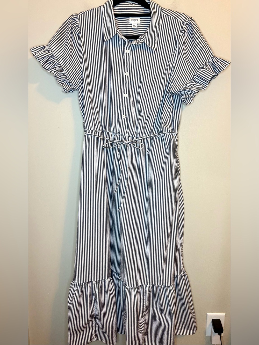 J.Crew Factory 14 Blue White Striped Ruffle Sleeve Midi Shirt Dress CK548